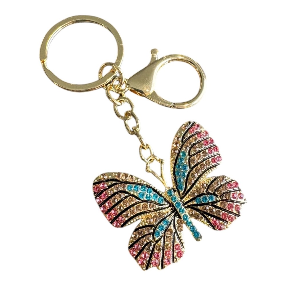 Women's Key Chain Gold Tone Multi-color 4" Butterfly Charm Rhinestone Crystal